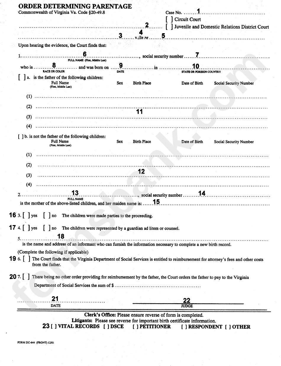 Form Dc-644 - Order Determining Parentage - 2001