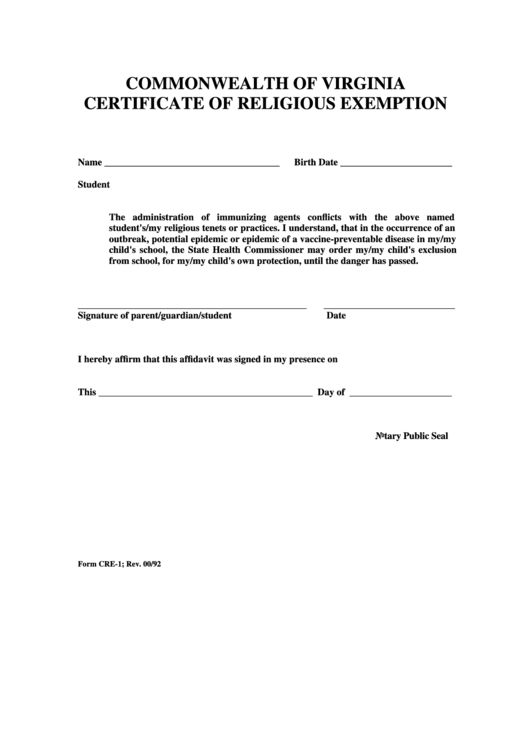 Fillable Form Cre-1 - Certificate Of Religious Exemption - Commonwealth Of Virginia Printable pdf