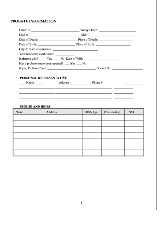 Probate Information Form Printable pdf
