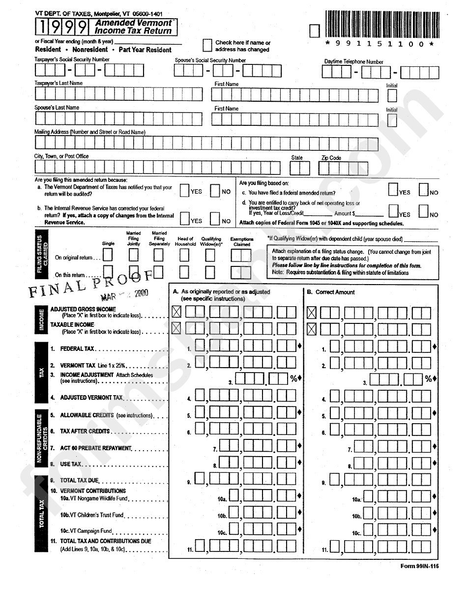 Form 99in-115 - Amended Vermont Income Tax Return - 1999