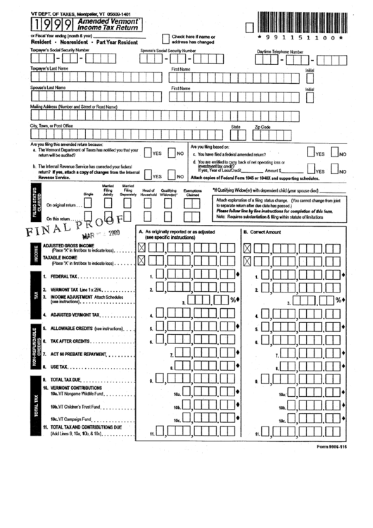 Form 99in-115 - Amended Vermont Income Tax Return - 1999 Printable pdf