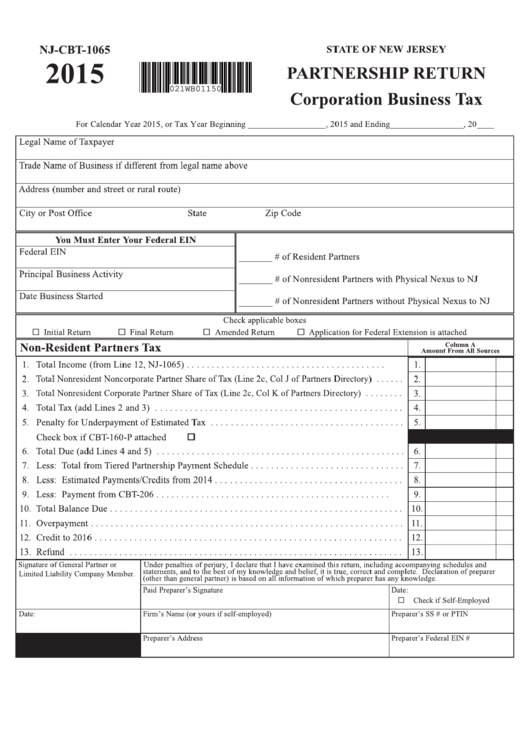 Fillable Form Nj Cbt- 1065 - Partnership Return - Corporation Business Tax - 2015 Printable pdf