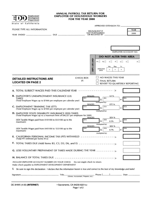 Form De 3hwx - Annual Payroll Tax Return For Employer Of Household Workers For The Year 2000 Printable pdf