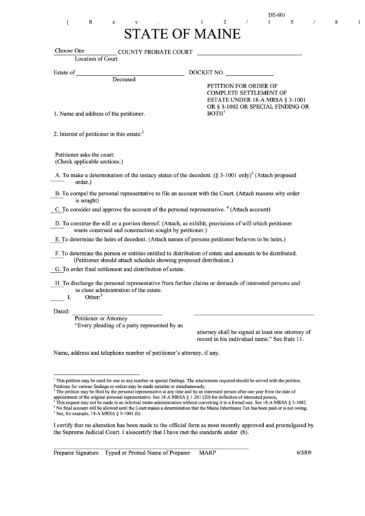 Fillable Form De-601 - County Probate Court - State Of Maine Printable pdf