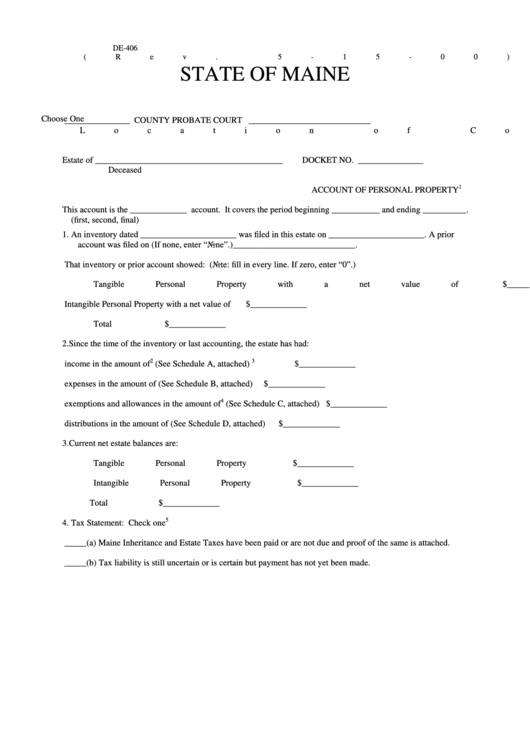 Fillable Form De-406 - County Probate Court - State Of Maine Printable pdf