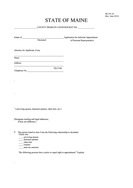 Form De-101 (i) - County Probate Court - State Of Maine