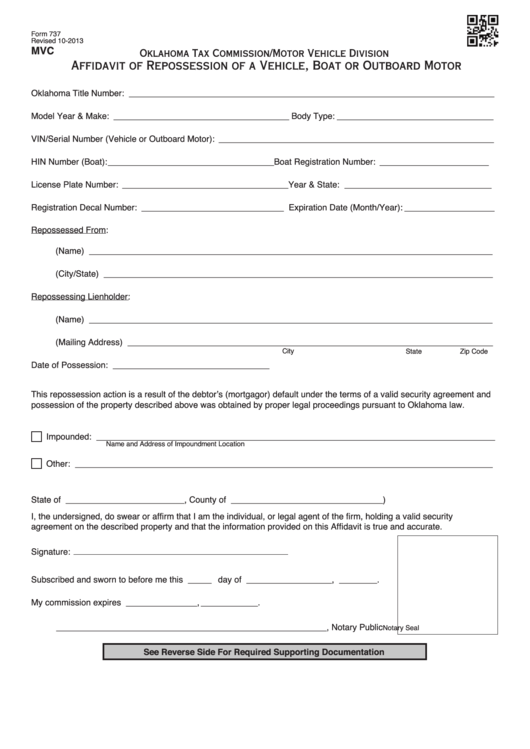 Fillable Form 737 - Oklahoma Tax Commission/motor Vehicle Division Affidavit Of Repossession Of A Vehicle, Boat Or Outboard Motor Printable pdf