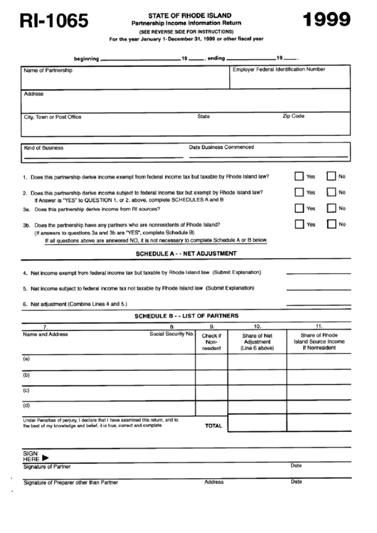 Form Ri-1065 - Partnership Income Information Return - 1999 Printable pdf