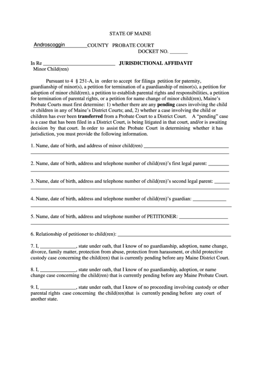 Fillable Jurisdictional Affidavit - State Of Maine - Probate Court Form Printable pdf