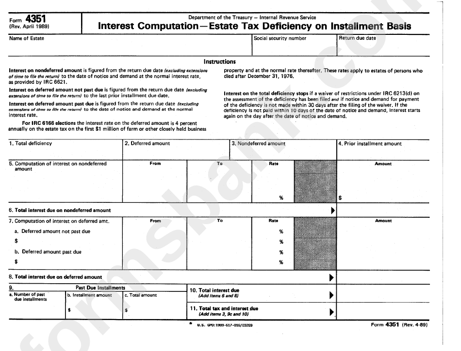 Form 4351 - Interest Computation Estate Tax Deficiency On Installment Basis