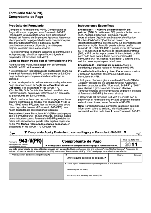 Fillable Formulario 943-V(Pr) - Comprobante De Pago - 2011 Printable pdf