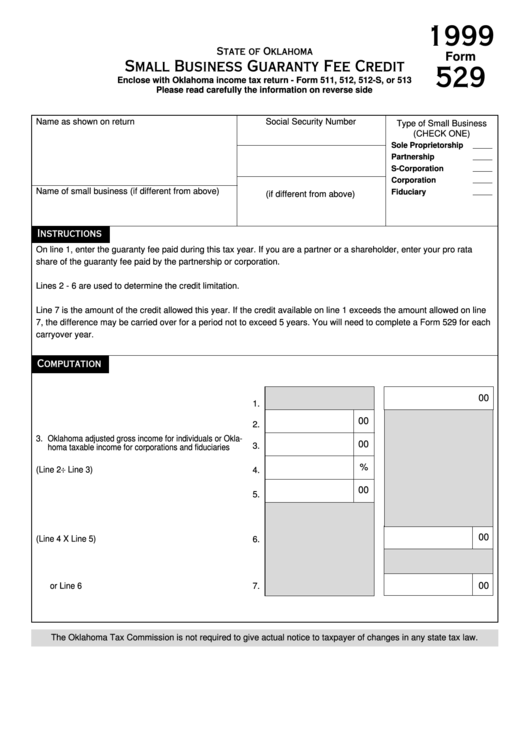 Form 529 - Small Business Guaranty Fee Credit - 1999 Printable pdf