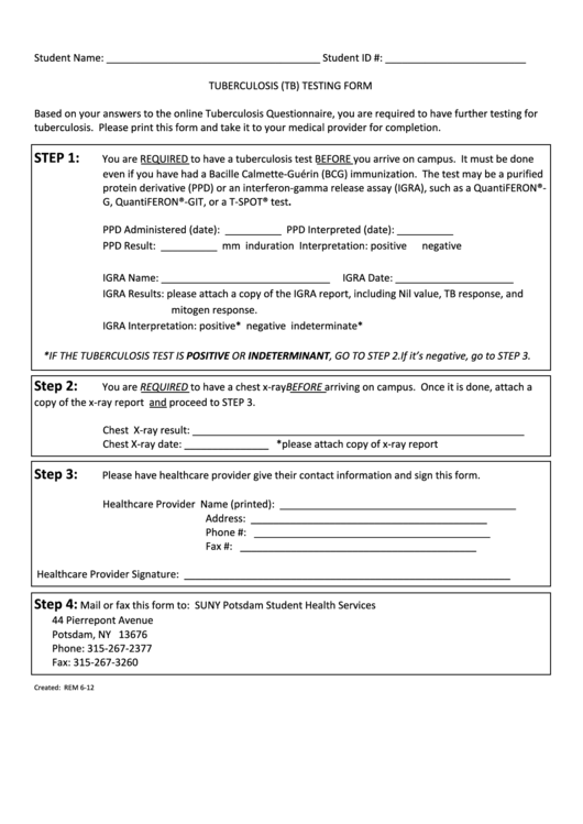 Tuberculosis (Tb) Testing Form - 2012 Printable pdf