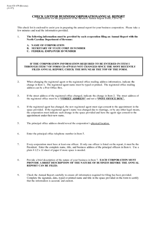 Instructions For The Preparation Of The Business Annual Report Form, Cd-479 - North Carolina Department Of Revenue Printable pdf