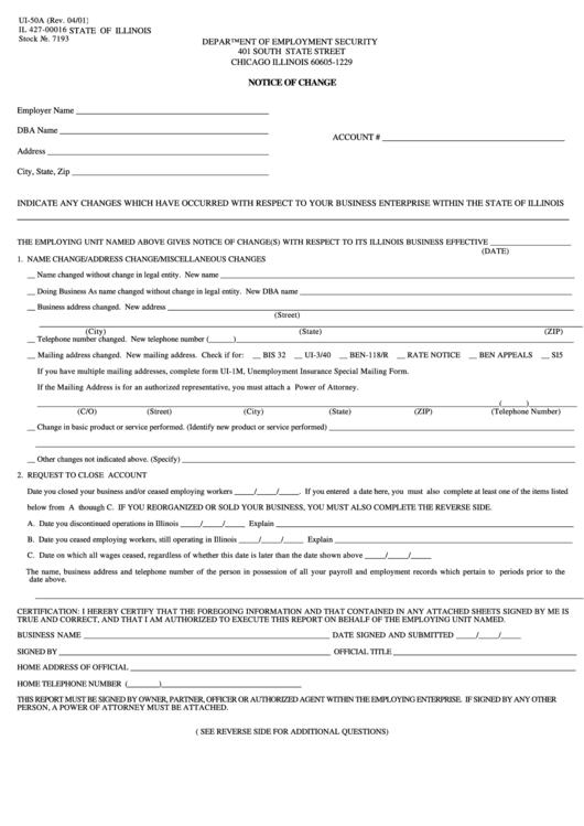 Fillable Form Ui-50a - Notice Of Change Printable pdf