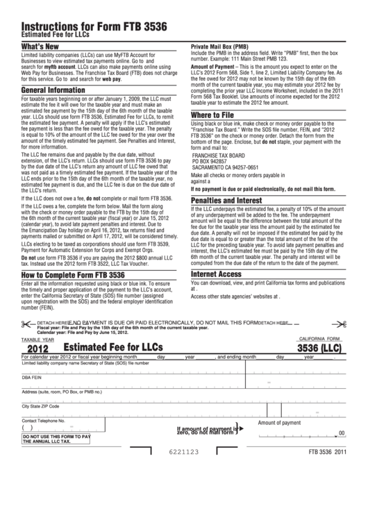 Form 3536 (llc) - Estimated Fee For Llcs - 2012