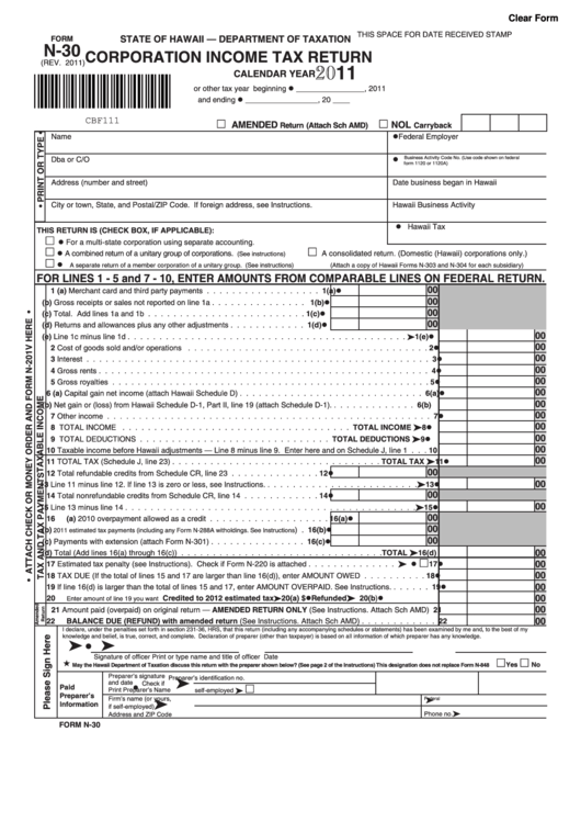 Fillable Form N-30 - Corporation Income Tax Return - 2011 Printable pdf