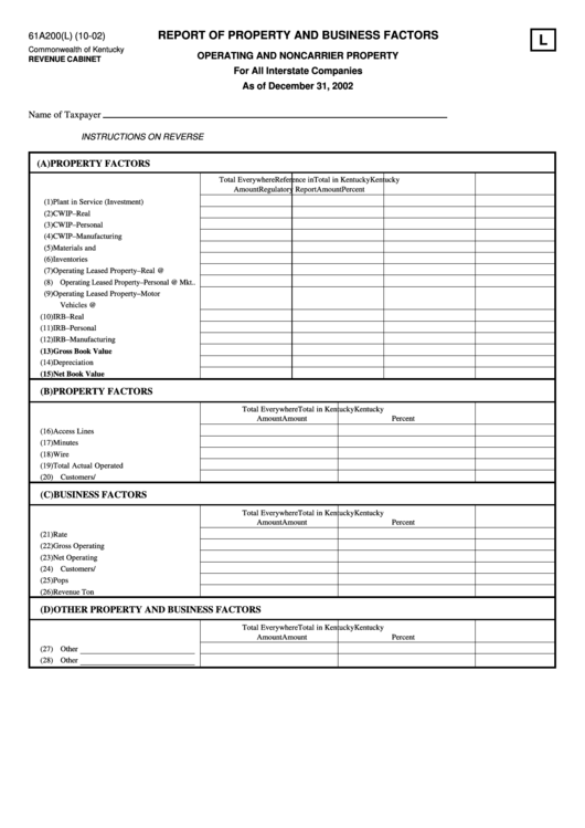 Form 61a200(L) - Report Of Property And Business Factors Printable pdf