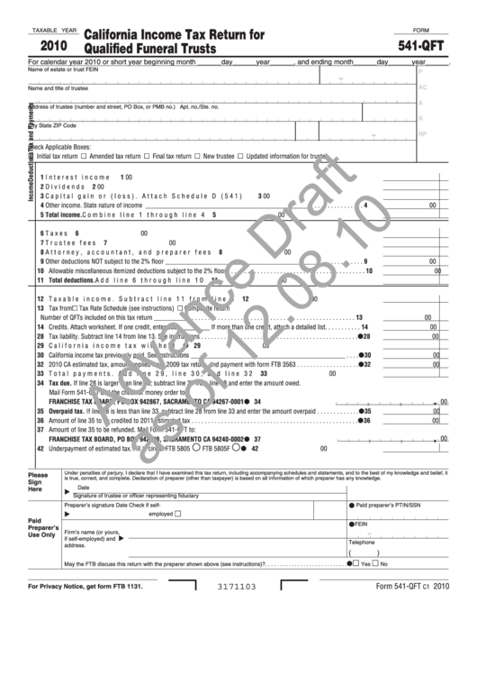 Form 541-Qft Draft - California Income Tax Return For Qualified Funeral Trusts - 2010 Printable pdf