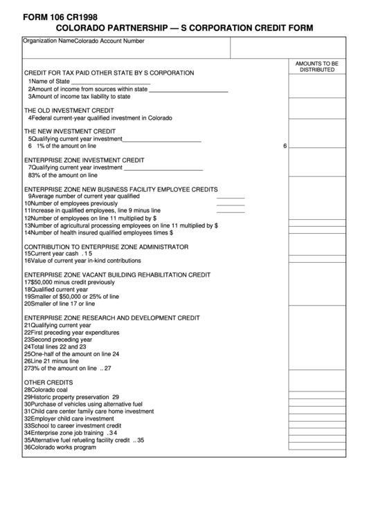 Fillable Form 106 Cr - Colorado Partnership - S Corporation Credit Form - 1998 Printable pdf
