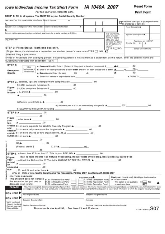Fillable Form Ia 1040a - Iowa Individual Income Tax - Short Form - 2007 Printable pdf