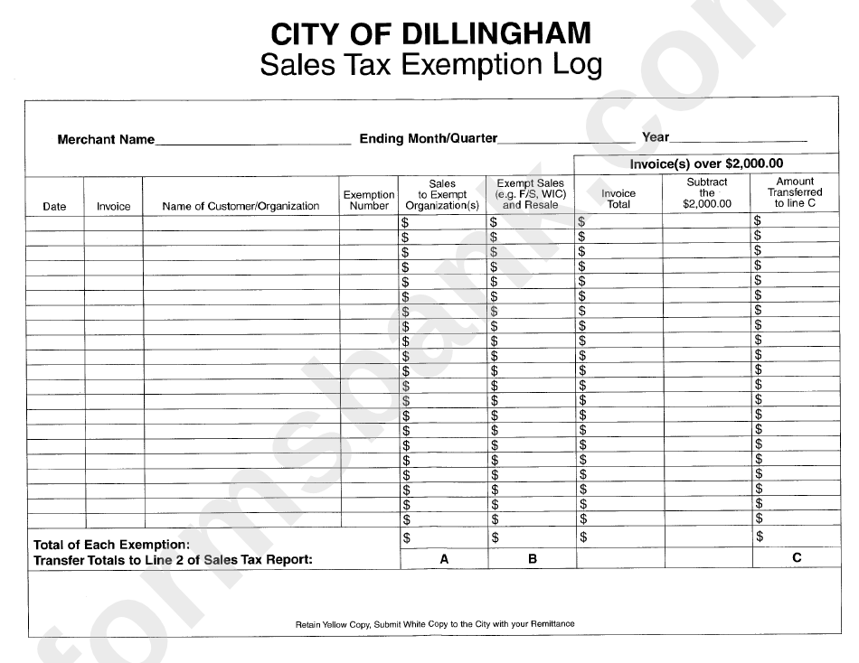 Sales Tax Exemption Log City Of Dillingham printable pdf download