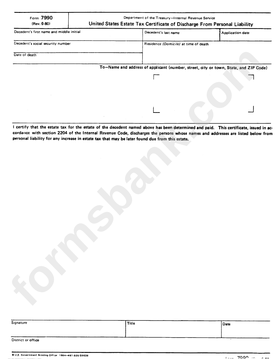 Form 7990 - United States Estate Tax Certificate Of Discharge From Personal Liability