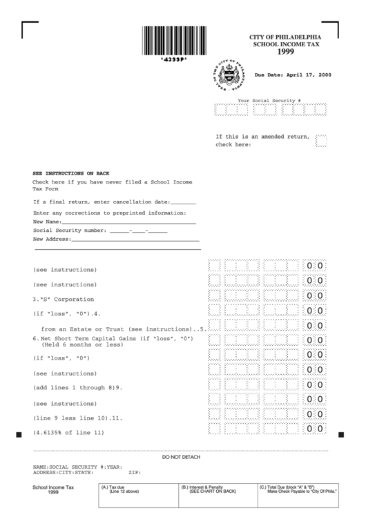 City Of Philadelphia School Income Tax Form 1999 Printable Pdf Download