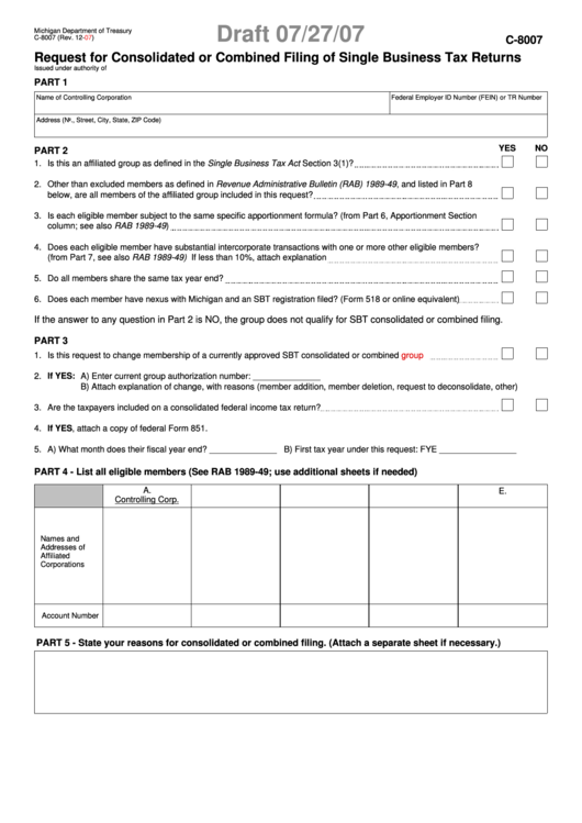 Form C-8007 Draft - Request For Consolidated Or Combined Filing Of Single Business Tax Returns - 2007 Printable pdf