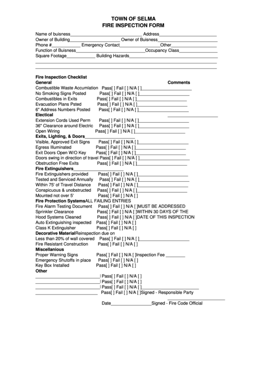 Fire Inspection Form - Town Of Selma Printable pdf