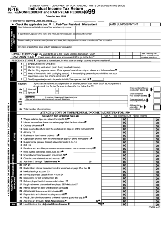 Form N-15 - Individual Income Tax Return Nonresident And Part-Year Resident - 1999 Printable pdf