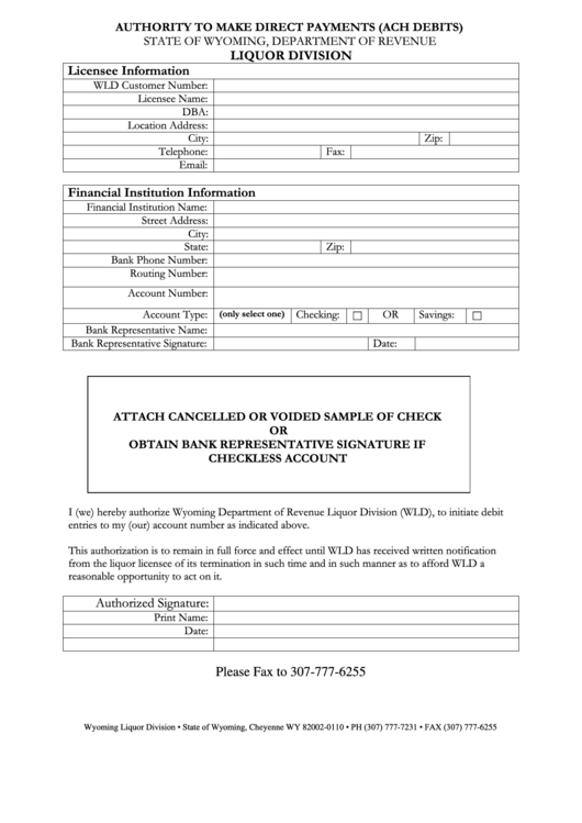 Authority To Make Direct Payments (Ach Debits) - Liquor Division - State Of Wyoming - Department Of Revenue Form Printable pdf