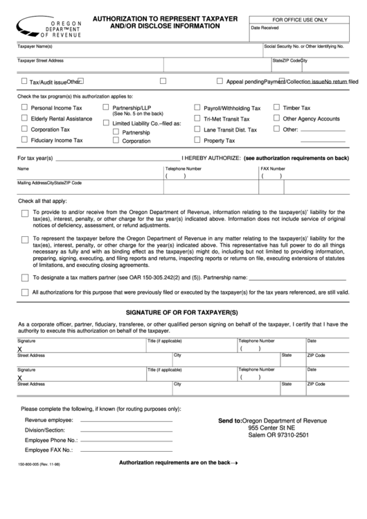 Form 150-800-005 - Authorization To Represent Taxpayer And/or Disclose Information Printable pdf