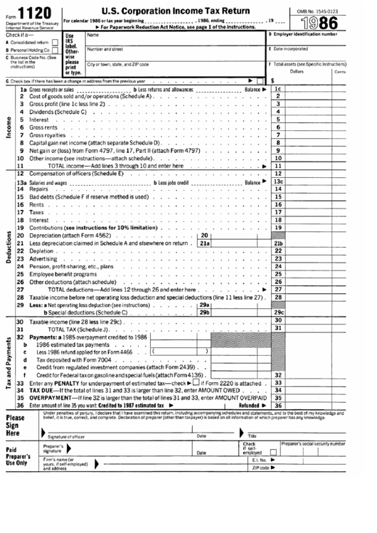 Form 1120 - U.s. Corporation Income Tax Return - 1986 Printable pdf