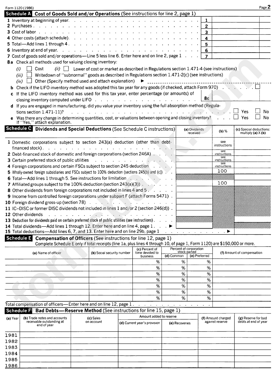 Form 1120 - U.s. Corporation Income Tax Return - 1986