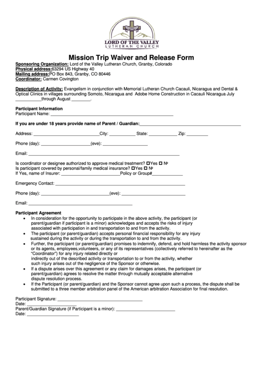 Fillable Mission Trip Waiver And Release Form Printable pdf