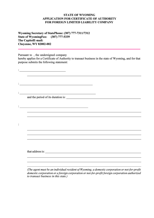 Application For Certificate Of Authority For Foreign Limited Liability Company - Wyoming Secretary Of State Printable pdf