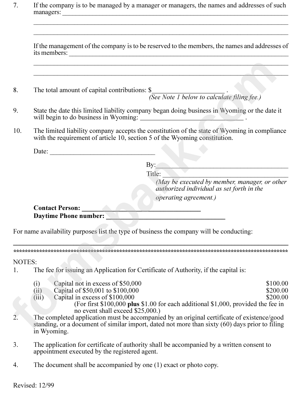 Application For Certificate Of Authority For Foreign Limited Liability Company - Wyoming Secretary Of State