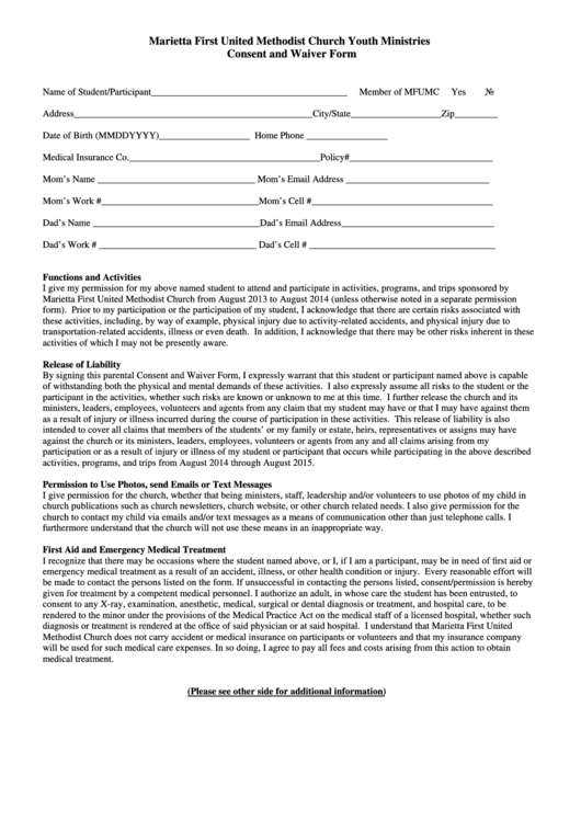 Marietta First United Methodist Church Youth Ministries Consent And Waiver Form Printable pdf