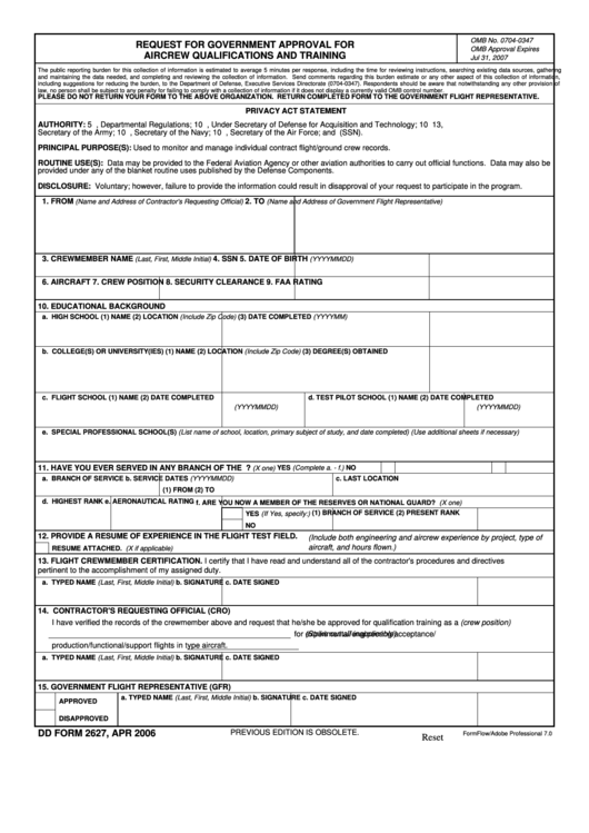 Fillable Dd Form 2627 - Request For Government Approval For Aircrew Qualifications And Training Printable pdf