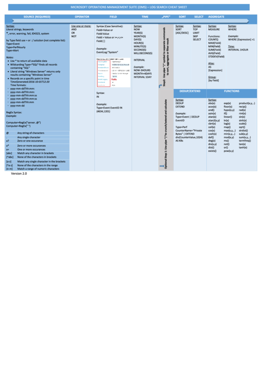 Microsoft Operations Management Suite (Oms) - Log Search Cheat Sheet Printable pdf