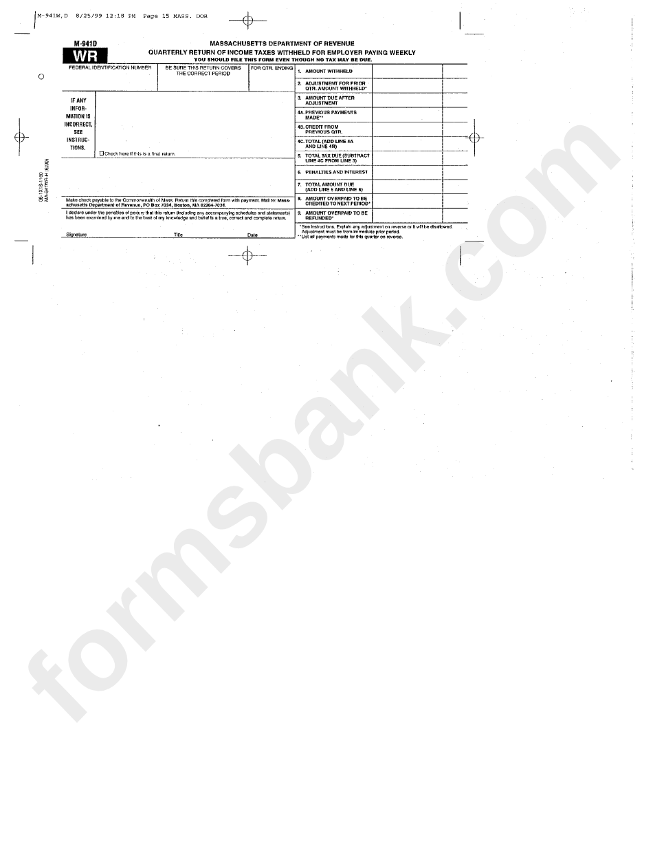 Form M-941d Wr - Quarterly Return Of Income Taxes Withheld For Employer Paying Weekly - 1999