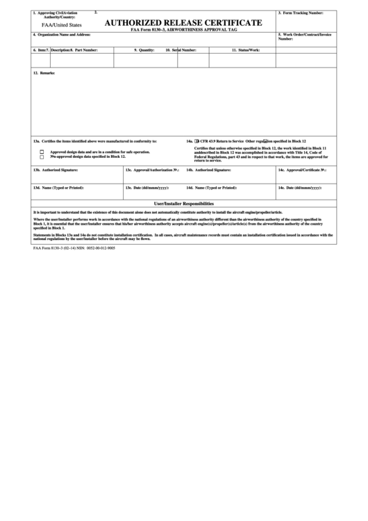 Fillable Faa Form 8130-3 - Authorized Release Certificate Printable pdf