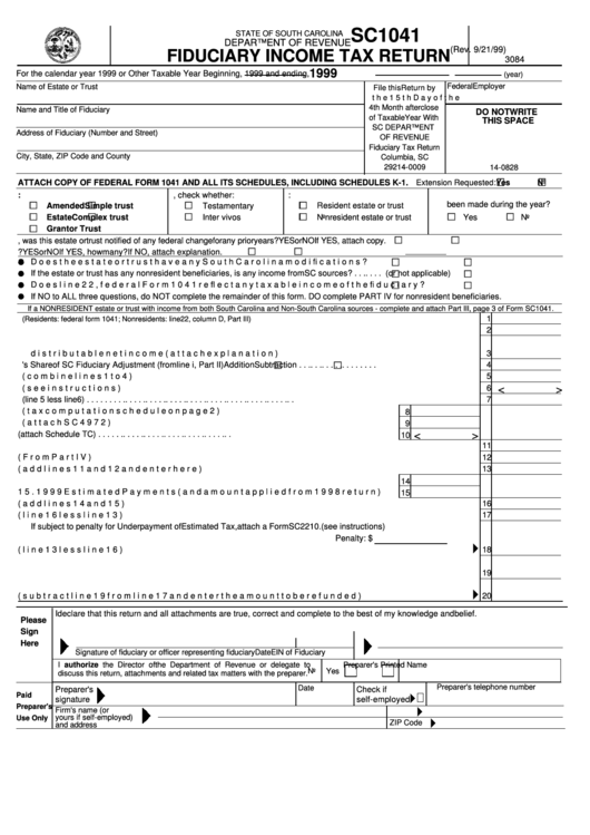 Form Sc1041 - Fiduciary Income Tax Return - 1999 Printable pdf