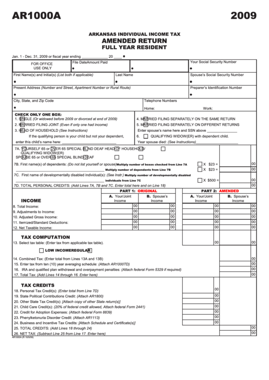 Form Ar1000a - Arkansas Individual Income Tax Amended Return Full Year Resident - 2009 Printable pdf