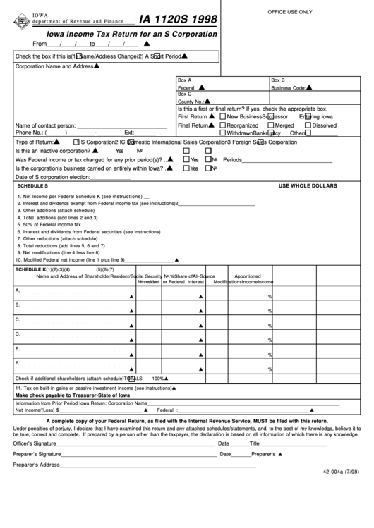 Fillable Form Ia 1120s - Iowa Income Tax Return For An S Corporation - 1998 Printable pdf