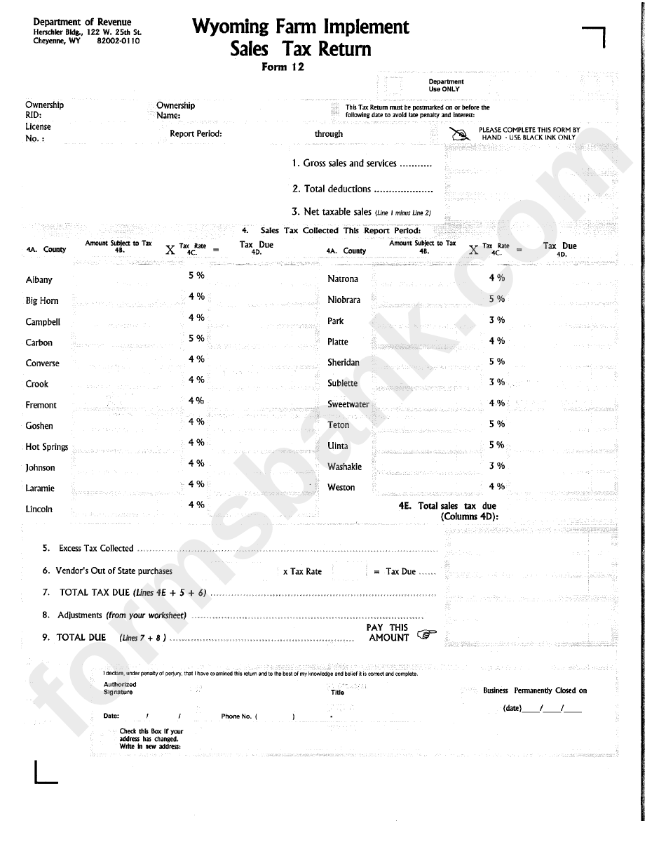 Form 12 - Wyoming Farm Implement Sales Tax Return - Department Of Revenue