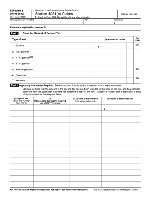 Fillable Form 8849 - Schedule 5 Section 4081(E) Claims Printable pdf