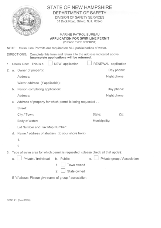 Fillable Form Dsss 41 - Application For Swim Line Permit Printable pdf