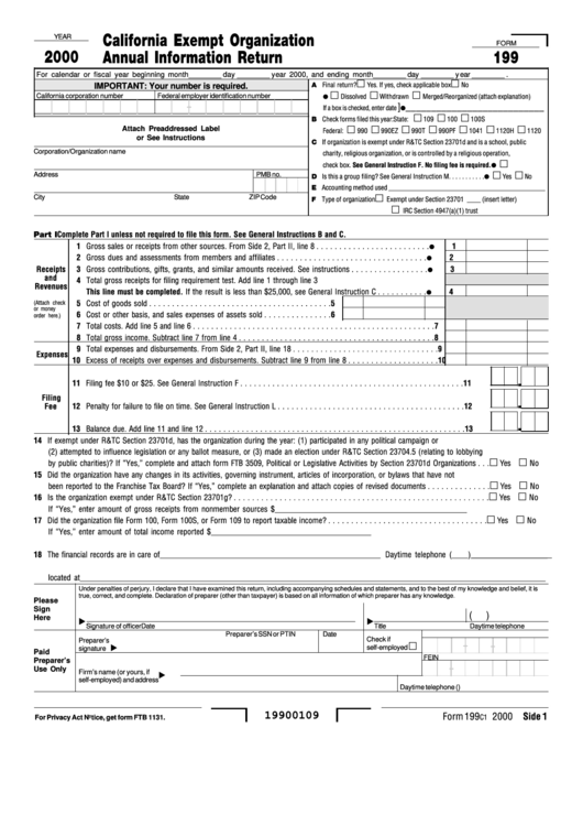 Form 199 - California Exempt Organization Annual Information Return - 2000 Printable pdf